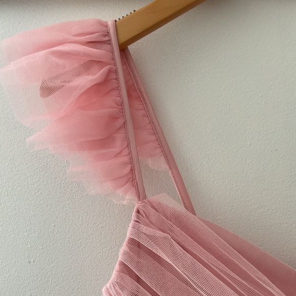 Lulus Pure Radiance Pink Mesh Swiss Dot Tiered Ruffle Straps Maxi Dress NWT S - Picture 7 of 15